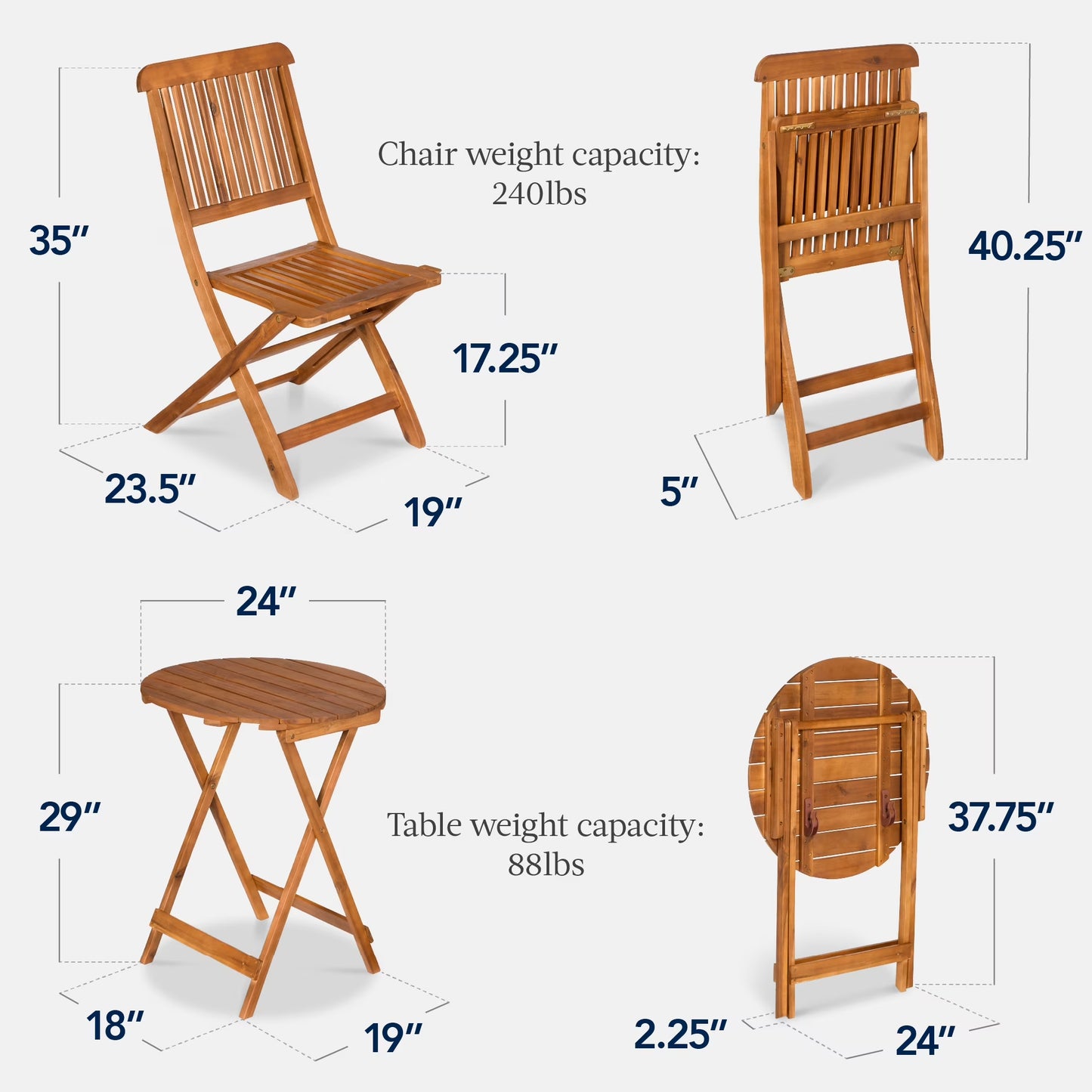 3-Piece Acacia Wood Bistro Set, Folding Patio Furniture W/ 2 Chairs, Table - Natural