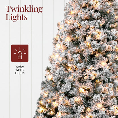 6Ft Pre-Lit Holiday Christmas Pine Tree W/ Snow Flocked Branches, 250 Warm White Lights
