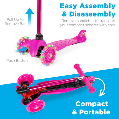 Kids Mini Kick Scooter Toy W/ Light-Up Wheels and Height Adjustable T-Bar - Pink