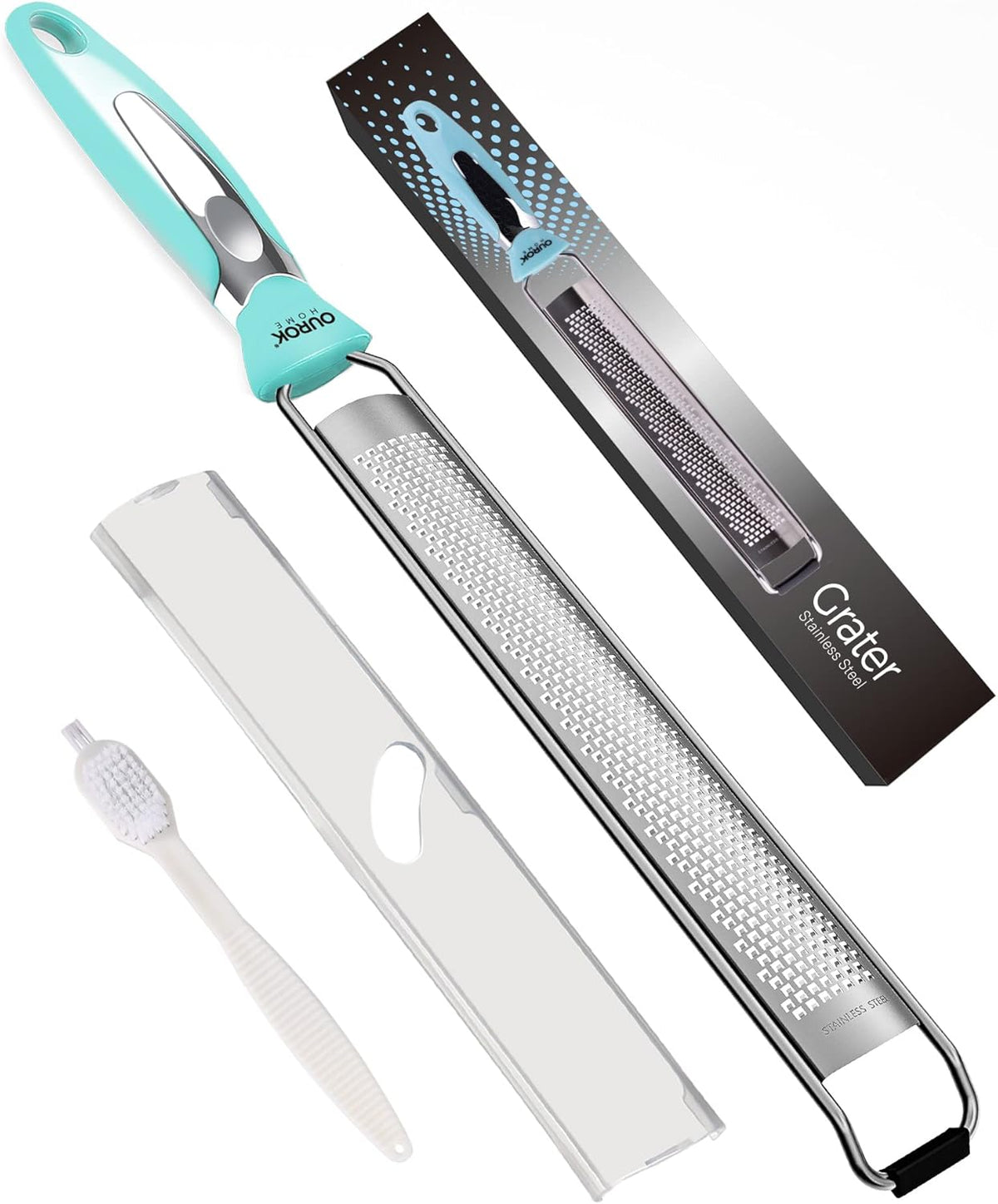 Kitchen Lemon Zester, Stainless Steel Hand Held Parmesan Cheese Grater for Ginger, Chocolate, Coconut, Lime, Nutmeg, Citrus, Fruit, Vegetable with Cleaning Brush, Dishwasher Safe, Blue