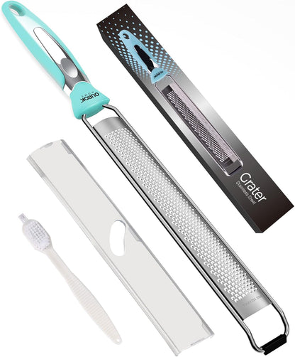 Kitchen Lemon Zester, Stainless Steel Hand Held Parmesan Cheese Grater for Ginger, Chocolate, Coconut, Lime, Nutmeg, Citrus, Fruit, Vegetable with Cleaning Brush, Dishwasher Safe, Blue