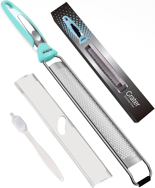 Kitchen Lemon Zester, Stainless Steel Hand Held Parmesan Cheese Grater for Ginger, Chocolate, Coconut, Lime, Nutmeg, Citrus, Fruit, Vegetable with Cleaning Brush, Dishwasher Safe, Blue