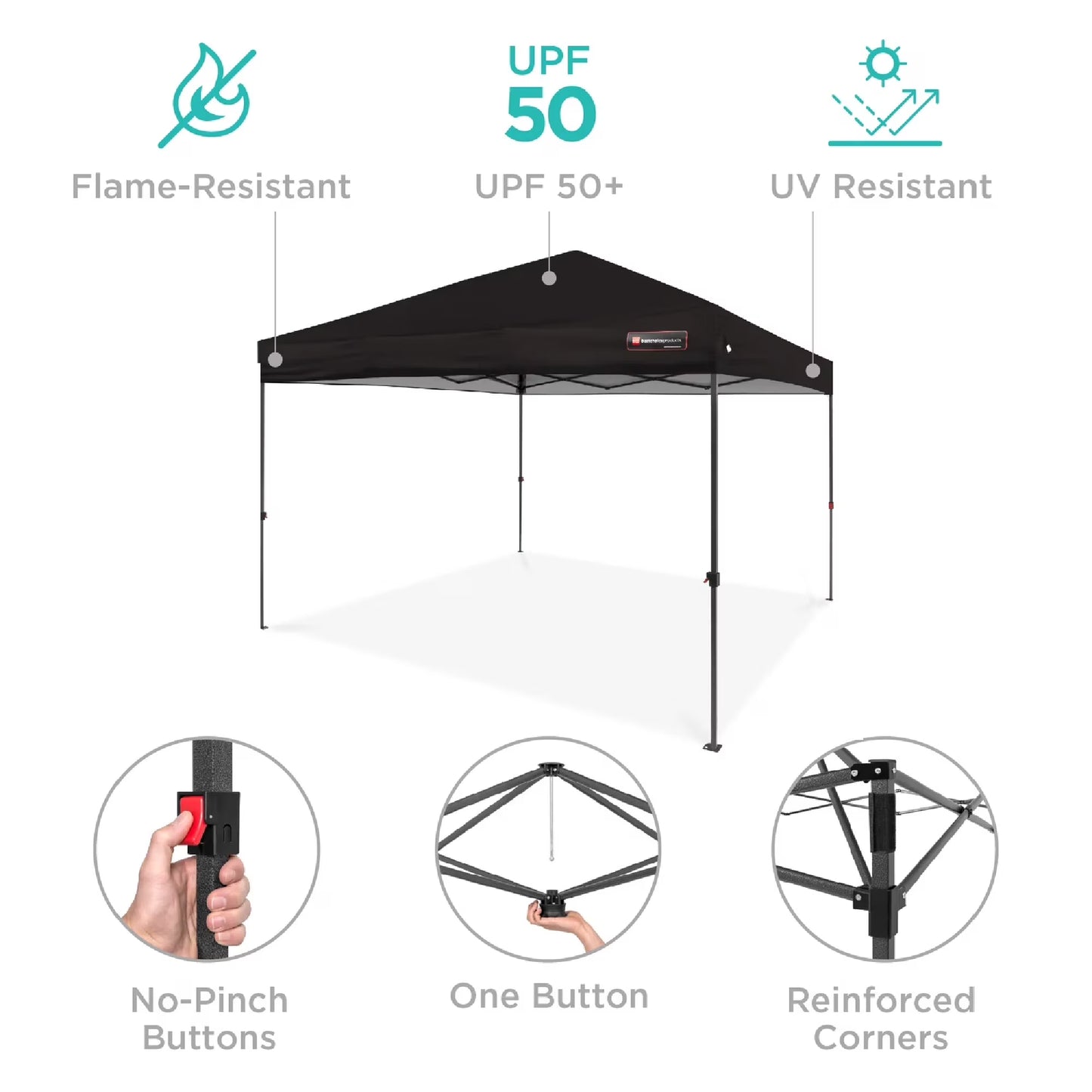 10X10Ft Easy Setup Pop up Canopy W/ 1-Button Setup, Wheeled Case, 4 Weight Bags - Black