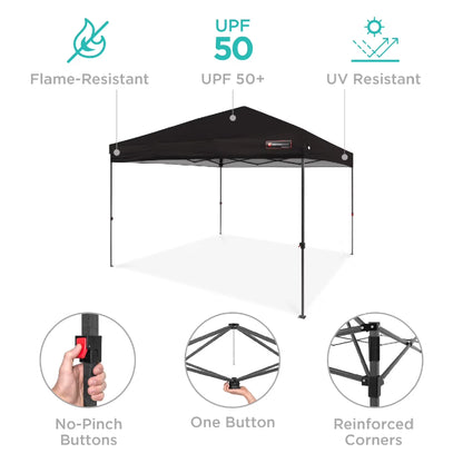10X10Ft Easy Setup Pop up Canopy W/ 1-Button Setup, Wheeled Case, 4 Weight Bags - Black
