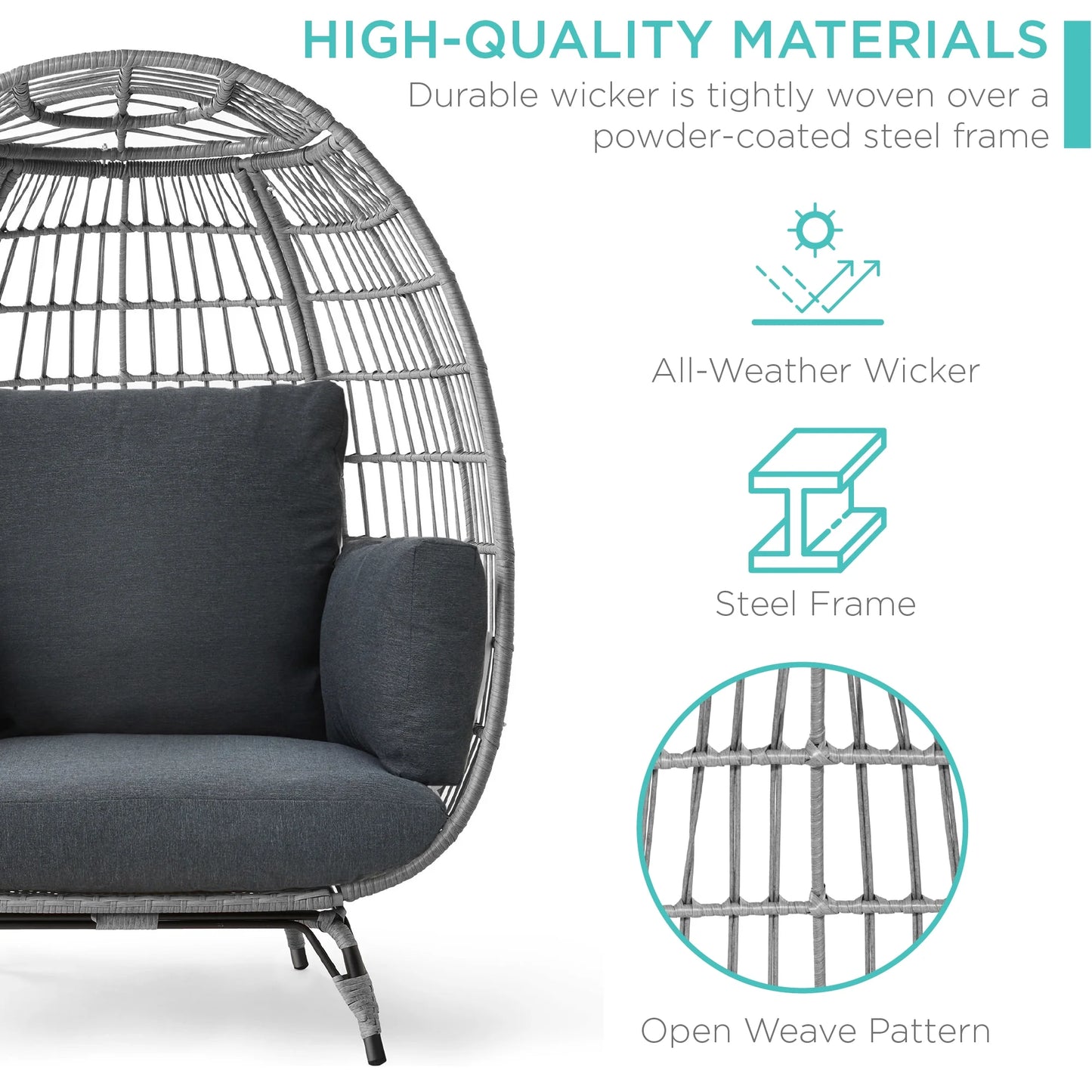 Wicker Egg Chair Oversized Indoor Outdoor Patio Lounger W/ Steel Frame - Gray/Charcoal