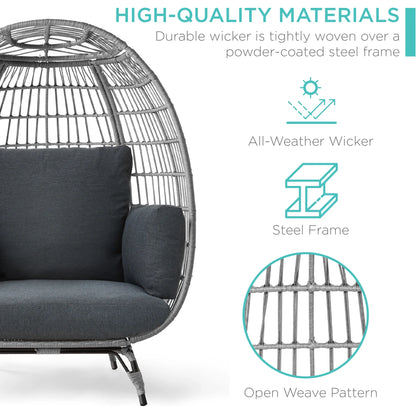 Wicker Egg Chair Oversized Indoor Outdoor Patio Lounger W/ Steel Frame - Gray/Charcoal