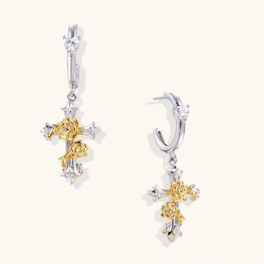 Dainty hoop earrings with crystal studs and dangling cross pendants featuring gold rose details and zirconia accents