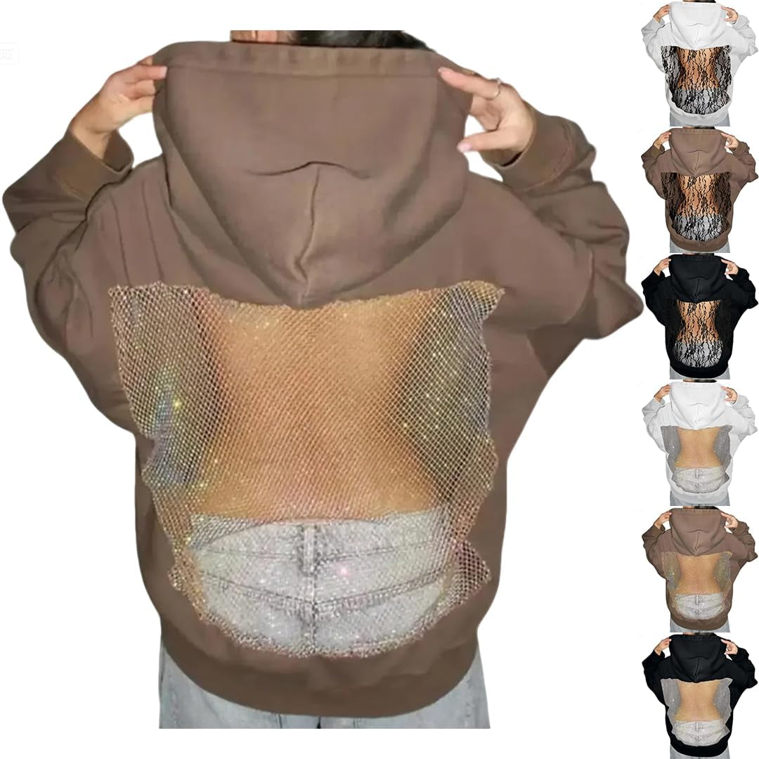 Crystal Mesh Back Hoodie Women Hollow Backless Oversized Sweatshirts with Pocket Y2K Party Sparkly Fleece Pullover