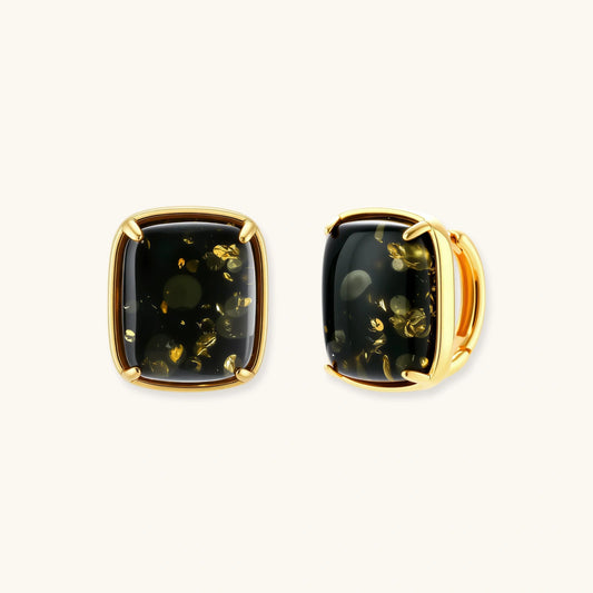 Elegant cushion-cut green amber earrings with golden inclusions in 18K gold-plated sterling silver settings.