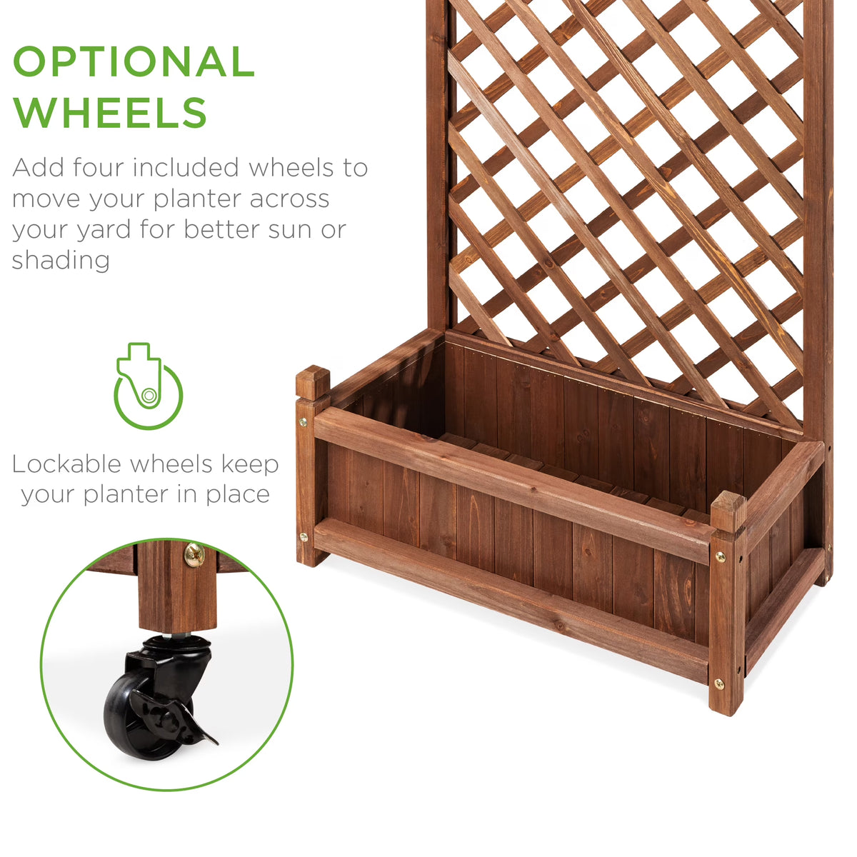Set of 2 48In Wood Planter Box & Diamond Lattice Trellis, W/ Drainage, Optional Wheels - Walnut