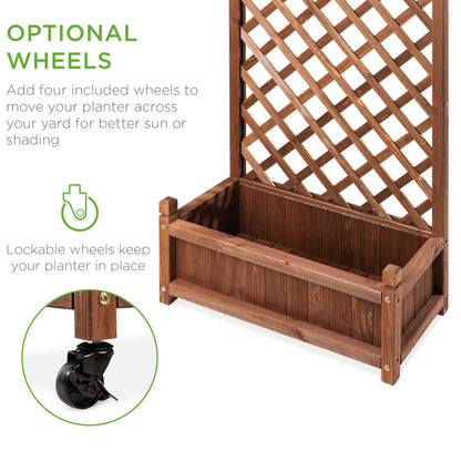 Set of 2 48In Wood Planter Box & Diamond Lattice Trellis, W/ Drainage, Optional Wheels - Walnut