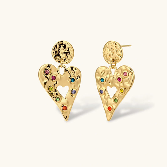 Gold hammered heart drop earrings with rainbow cubic zirconia stones and textured coin stud, 18K gold plated stainless steel.