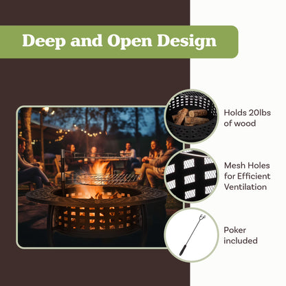 37” round Wood Burning Outdoor Fire Pit Table with 2 Grills