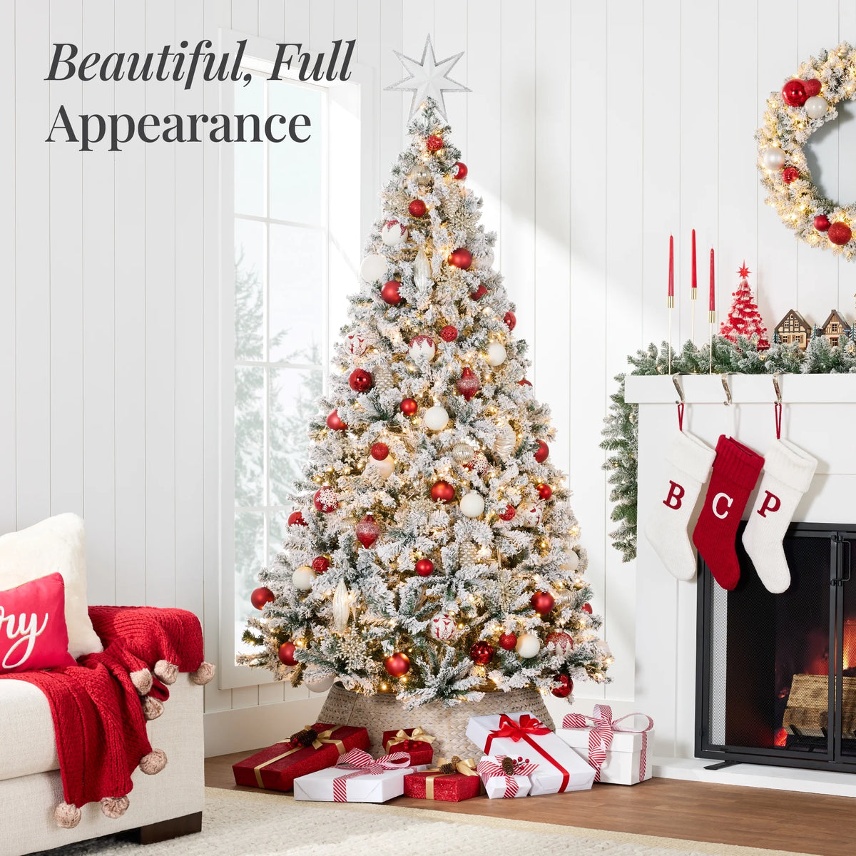 7.5Ft Pre-Lit Holiday Christmas Pine Tree W/ Snow Flocked Branches, 550 Warm White Lights