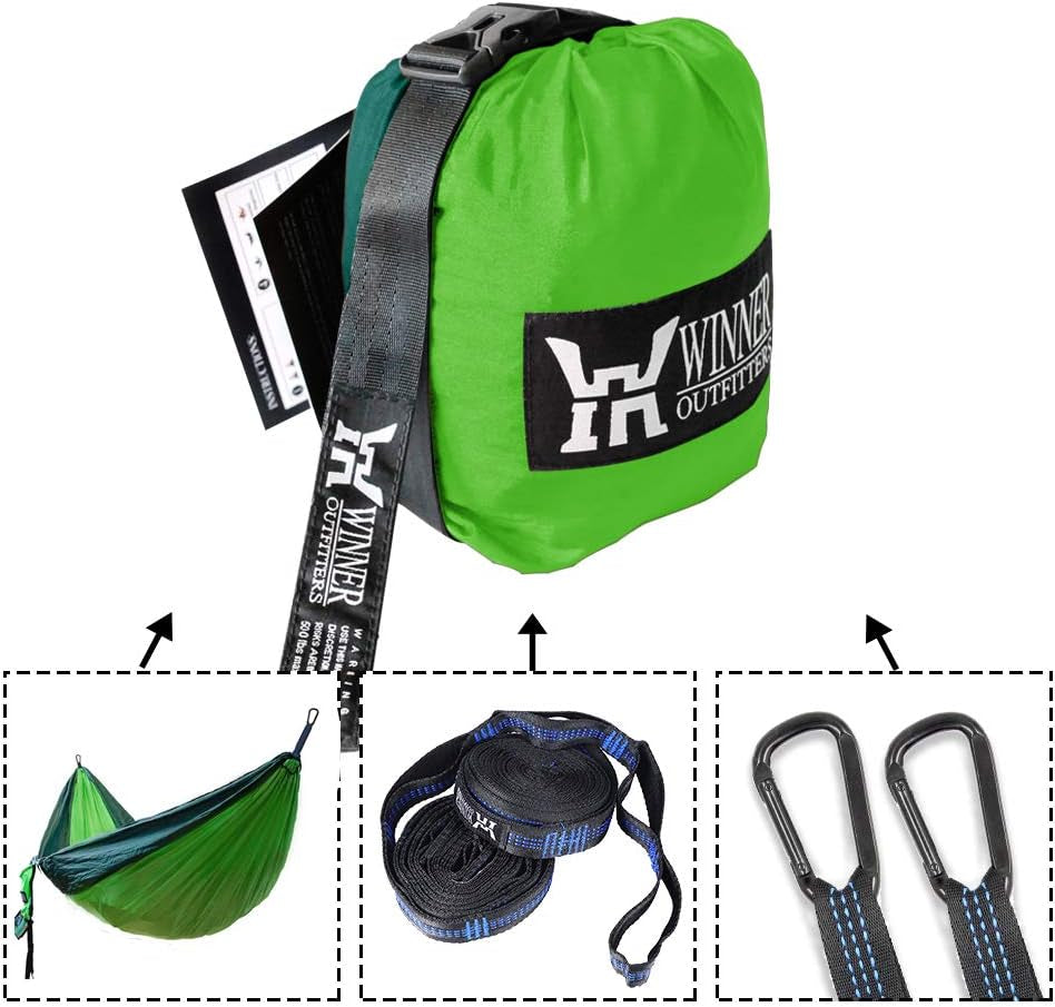 Double Camping Hammock - Lightweight Nylon Portable Hammock, Best Parachute Double Hammock for Backpacking, Camping, Travel, Beach, Yard. 118"(L) X 78"(W), Dark Green/Green Color