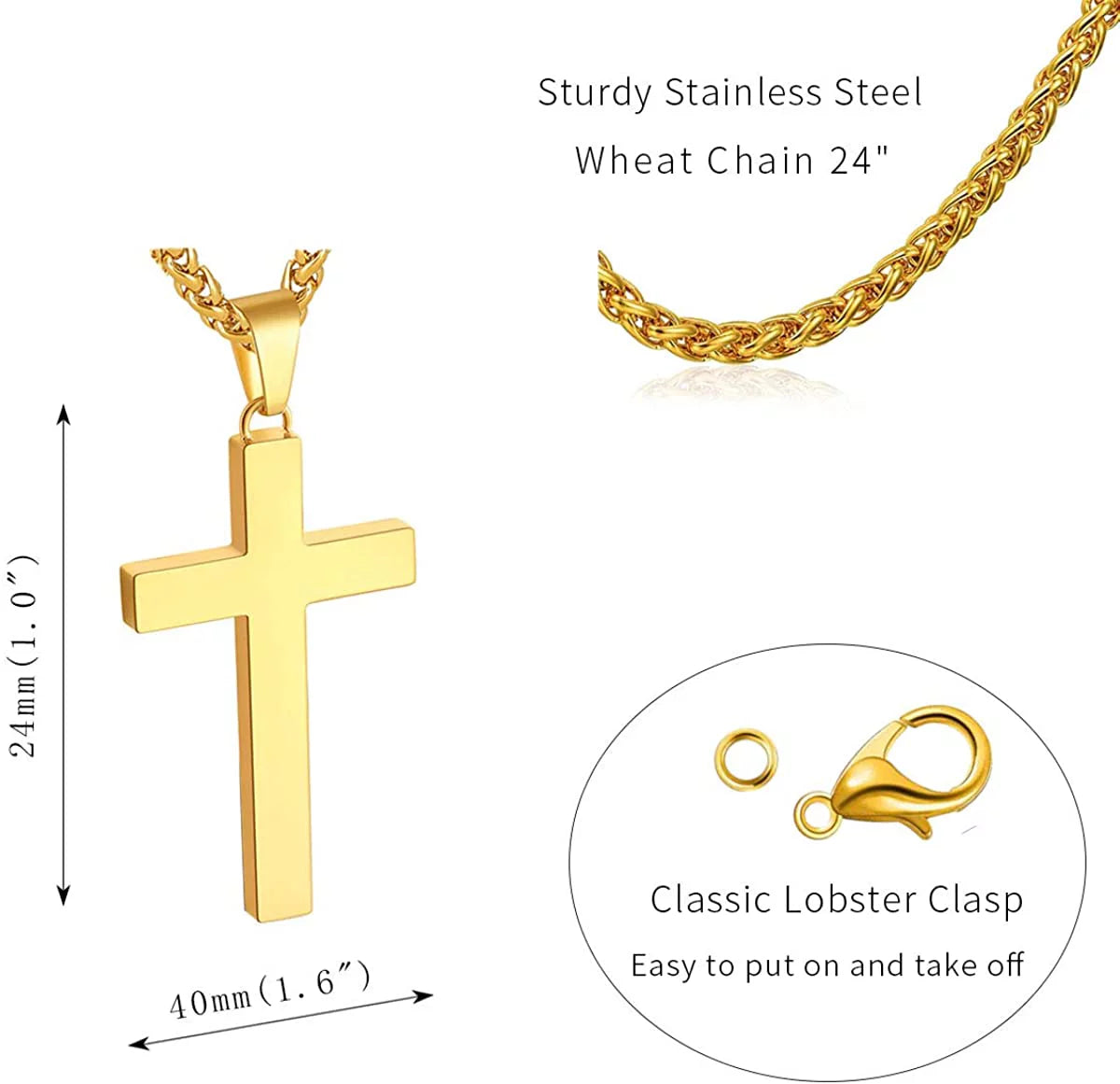 Gold Cross Necklaces for Men Boys Stainless Steel Cross Pendant Chain Catholic Religious Christian Birthday First Communion Confirmation Graduation Fathers Day Jewelry Gifts Teen Him Dad Kids