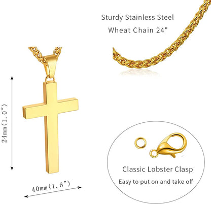 Gold Cross Necklaces for Men Boys Stainless Steel Cross Pendant Chain Catholic Religious Christian Birthday First Communion Confirmation Graduation Fathers Day Jewelry Gifts Teen Him Dad Kids