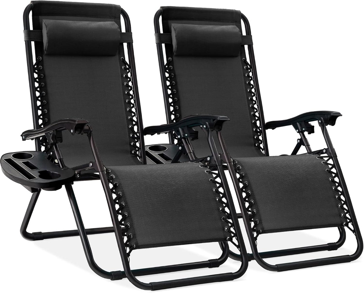 Best Choice Products Set of 2 Adjustable Steel Mesh Zero Gravity Lounge Chair Recliners W/Pillows and Cup Holder Trays - Black