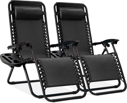 Best Choice Products Set of 2 Adjustable Steel Mesh Zero Gravity Lounge Chair Recliners W/Pillows and Cup Holder Trays - Black