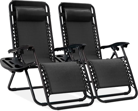Best Choice Products Set of 2 Adjustable Steel Mesh Zero Gravity Lounge Chair Recliners W/Pillows and Cup Holder Trays - Black