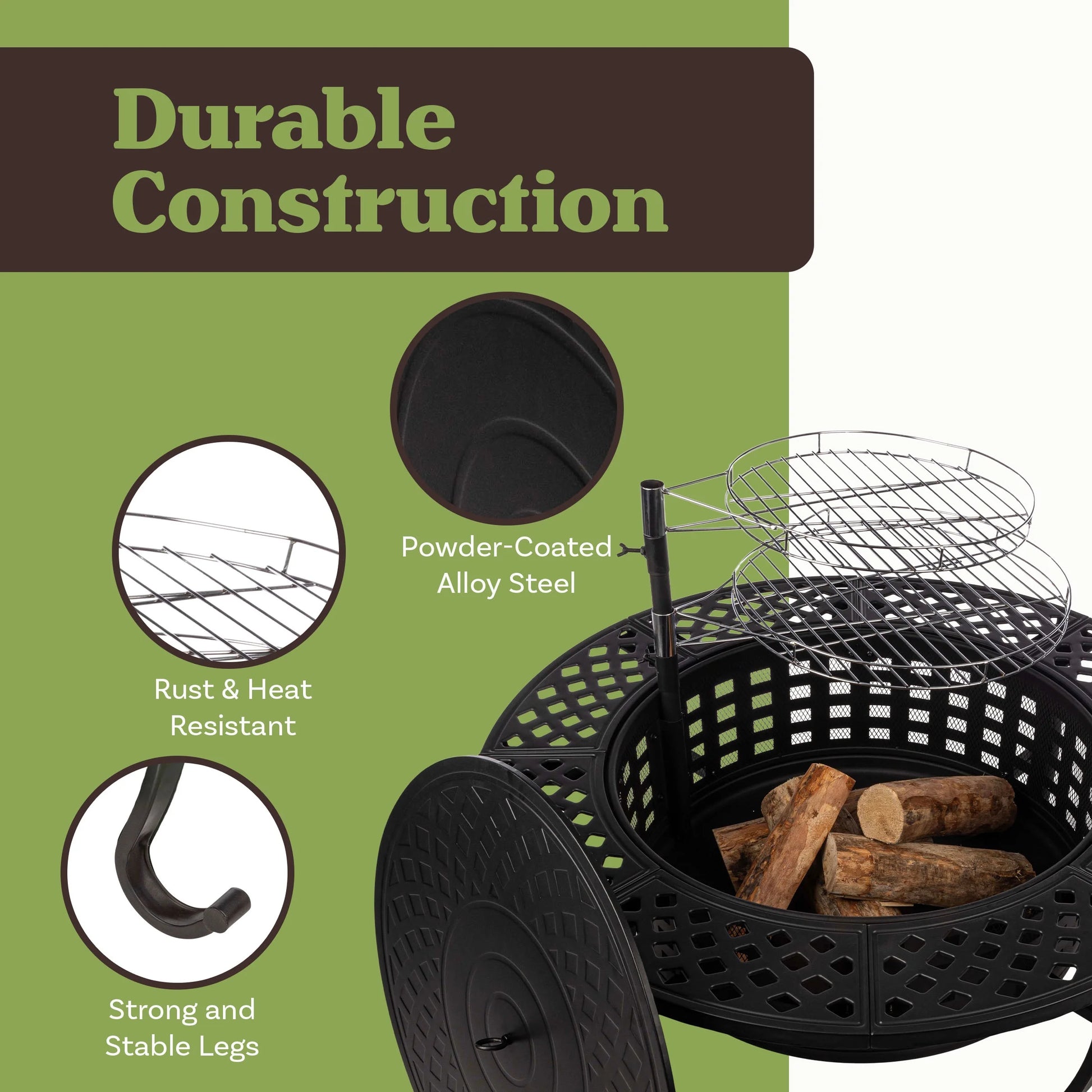 37” round Wood Burning Outdoor Fire Pit Table with 2 Grills