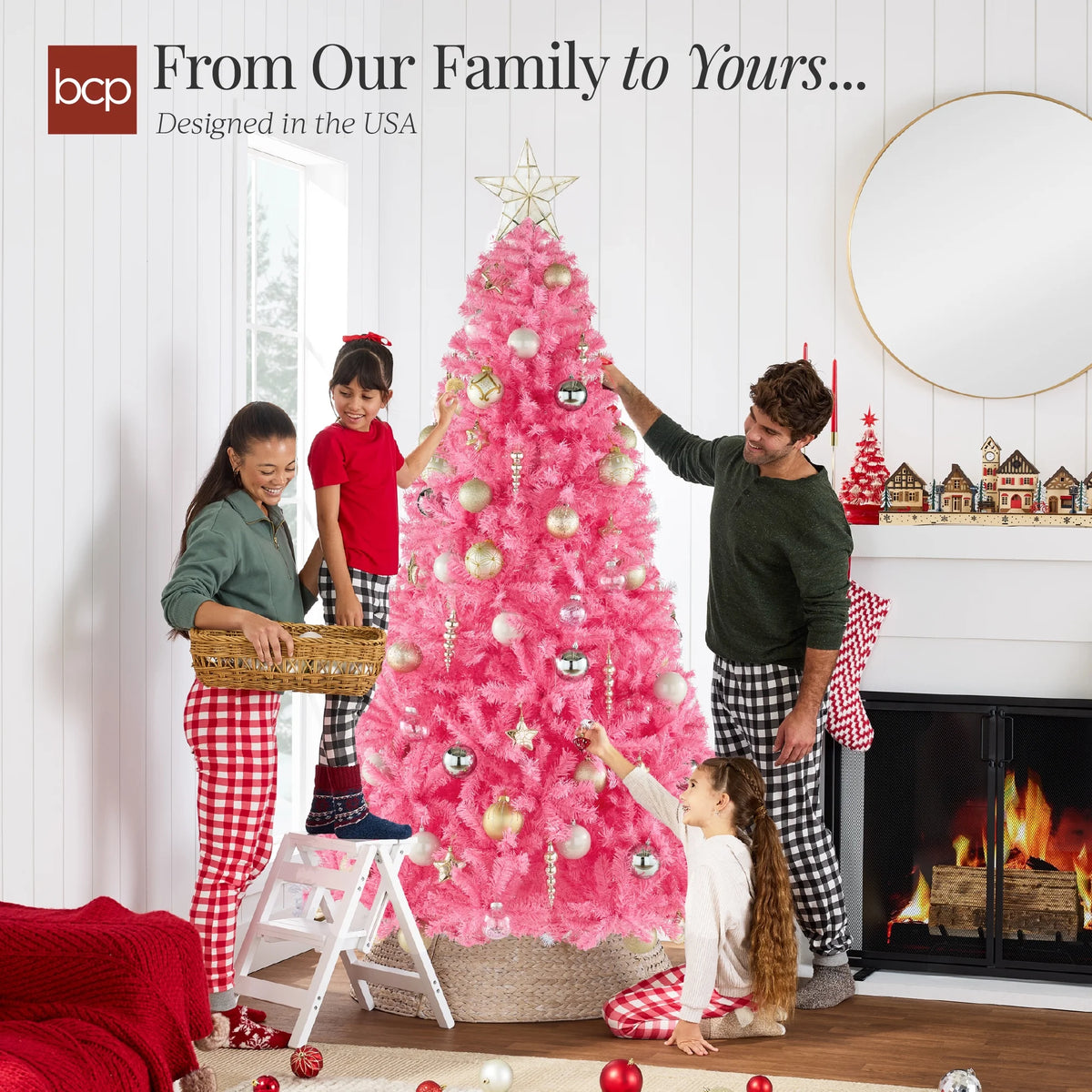 Artificial Christmas Tree, 9Ft Premium Unlit Pine Design, Dense Branches W/Easy Assembly - Pink