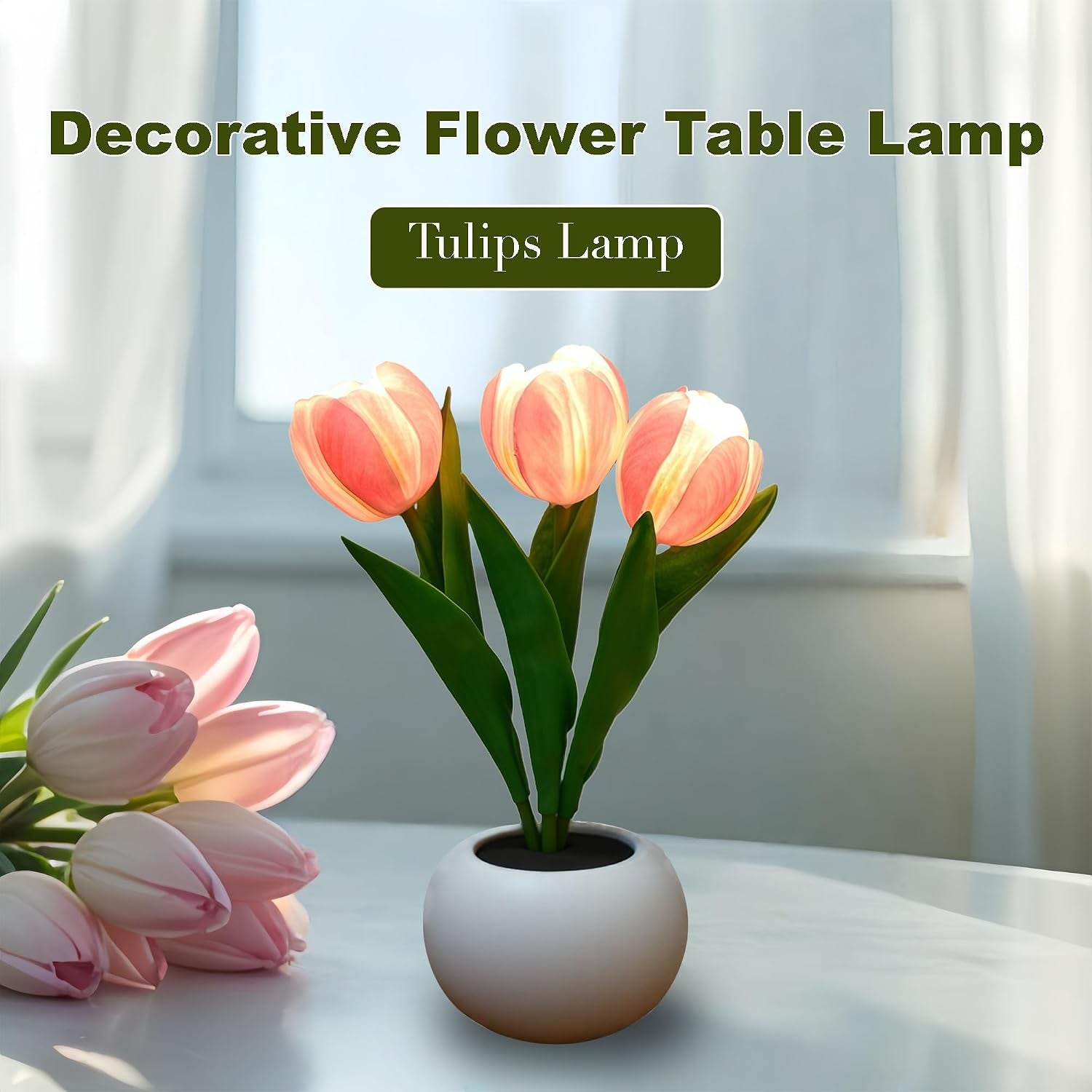 Flower Table Lamp, LED Tulip Night Light with Artificial Flower and Vase, Romantic Desk Lamp for Home, Living Room, Bedroom, Wedding, Birthday Party Decor