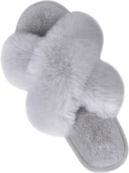 Women'S Fuzzy Cross Band Slippers, Memory Foam House Shoes with Anti-Slip Rubber Sole, Open Toe Plush Fleece Indoor Slippers for Ladies, Cozy Gifts for Women
