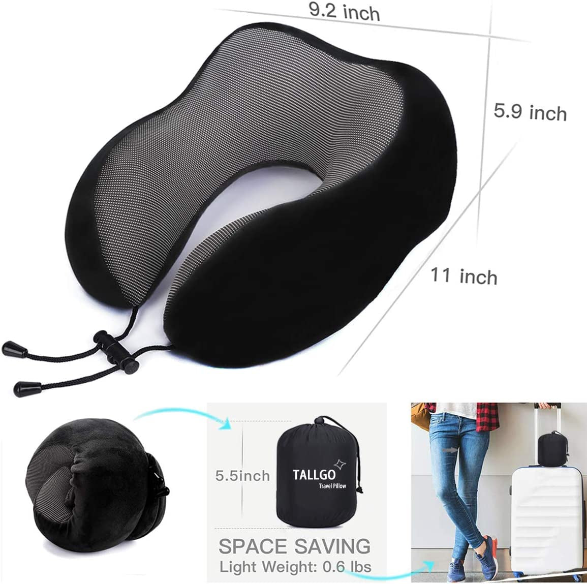 Travel Pillow, Best Memory Foam Neck Pillow Head Support Soft Pillow for Sleeping Rest, Airplane Car & Home Use (Black)