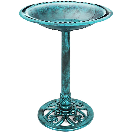 Outdoor Rustic Pedestal Bird Bath Accent for Garden, Yard W/ Fleur-De-Lis Accents - Green