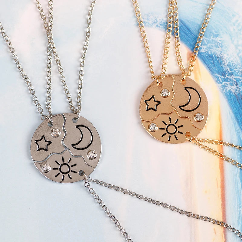 3Pcs Best Friend Zircon Sun Star Moon Pendant Necklace Friendship Choker Chain 2025 Fashion Jewelry Accessories Gift