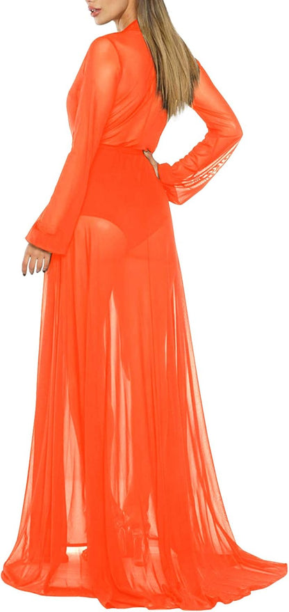 Women'S Long Sleeve Mesh Maxi Swimsuit Bathing Suit Tie Front Robe Cover up Blouse Orange L