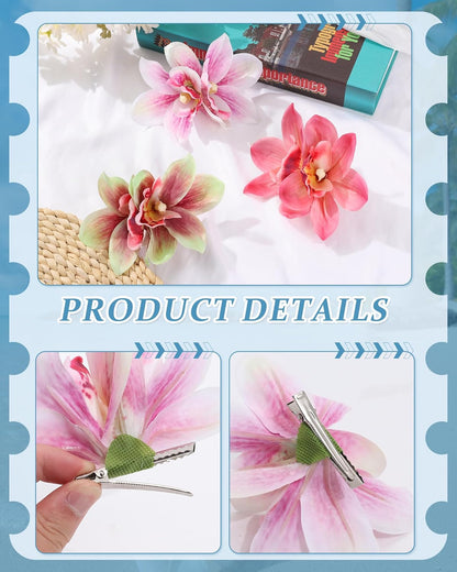 3 PCS Hawaiian Flower Hair Clips for Women Artificial Orchid Hair Barrettes Hibiscus Flower Hair Clips for Wedding Bridal Beach Party(Pink+Rose+Green)