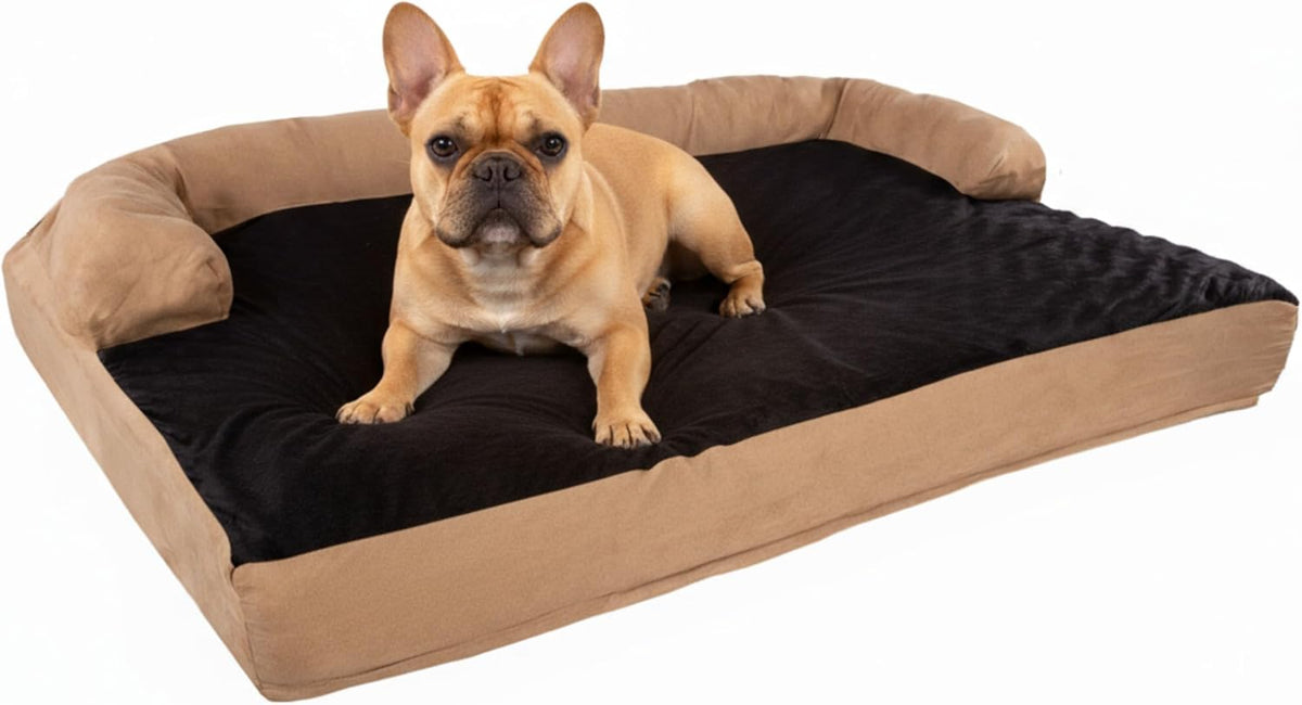 Sofa Dog Bed – 35.5X25.5 Pet Bed - 3-Layer Orthopedic Dog Couch with Cooling Gel, Memory Foam and Neck Bolster (Tan/Black), Large