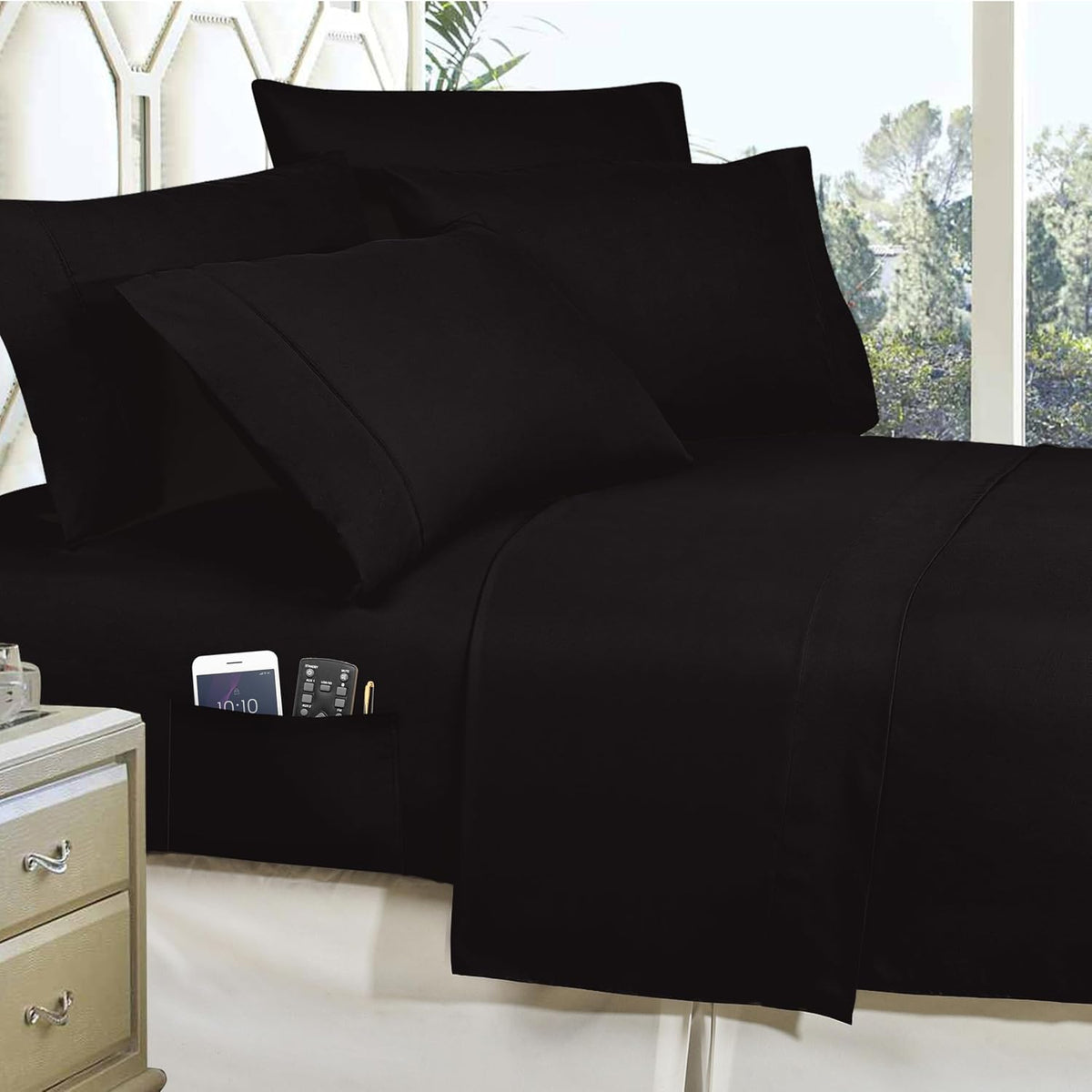 Luxury, Softest, Coziest 8-Piece Bed-In-A-Bag Comforter Set on Amazon Silky Soft Complete Set Includes Bed Sheet with Double Sided Storage Pockets, King/Cal King, Black