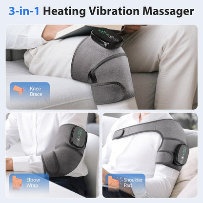 Heated Knee Massager, Foot Massager with Heat, Shoulder Massagers with Heat, Knees Warmers Wrap, 3-In-1 Vibration Heating Pad for Knee, Shoulder, and Elbow, Adjustable Size (Grey)