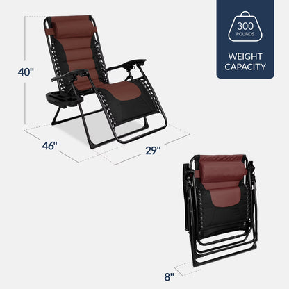 Oversized Padded Zero Gravity Chair, Folding Outdoor Patio Recliner W/ Side Tray - Brown