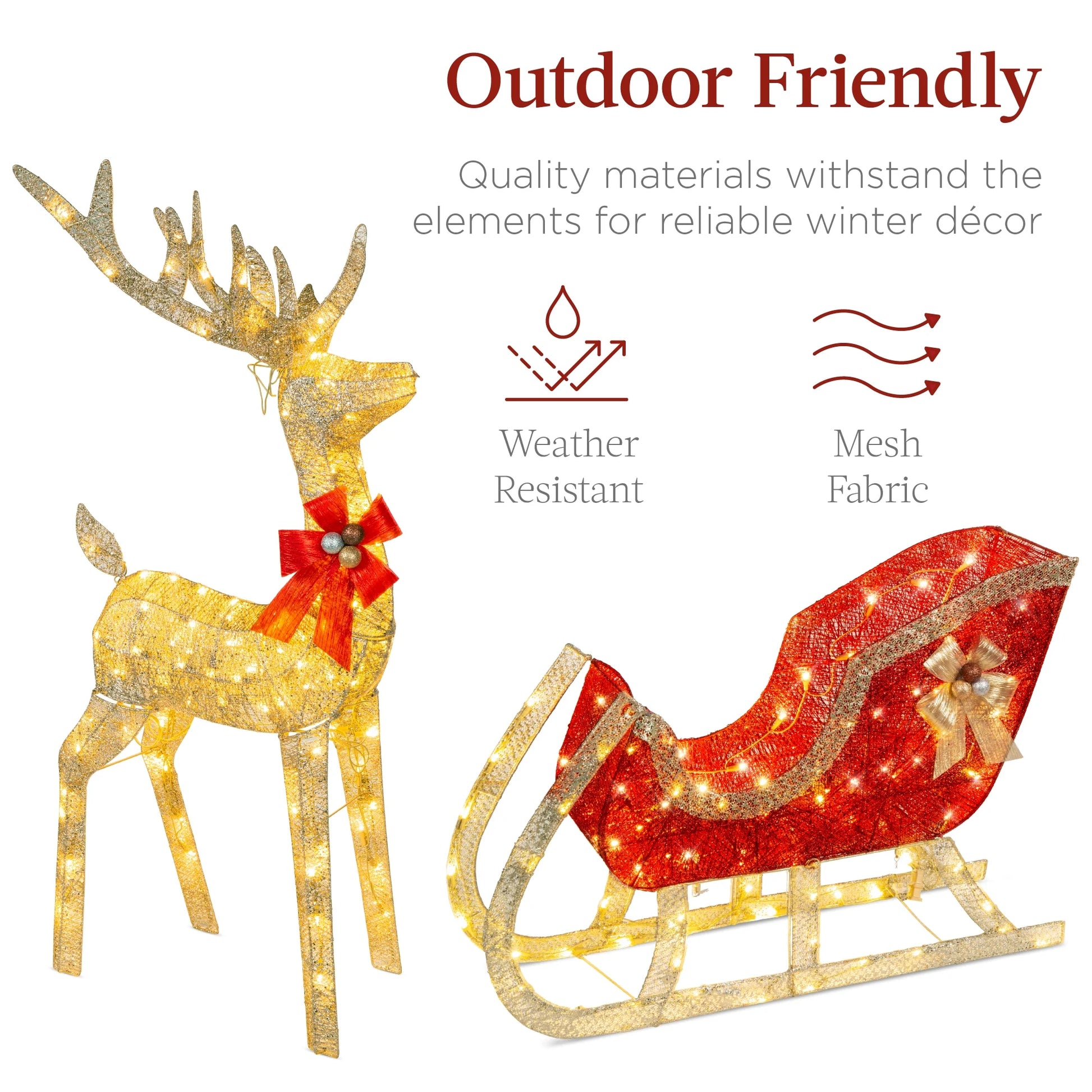 Lighted Christmas 4Ft Reindeer & Sleigh Holiday Outdoor Decor Set W/205 LED Lights, Stakes - Gold