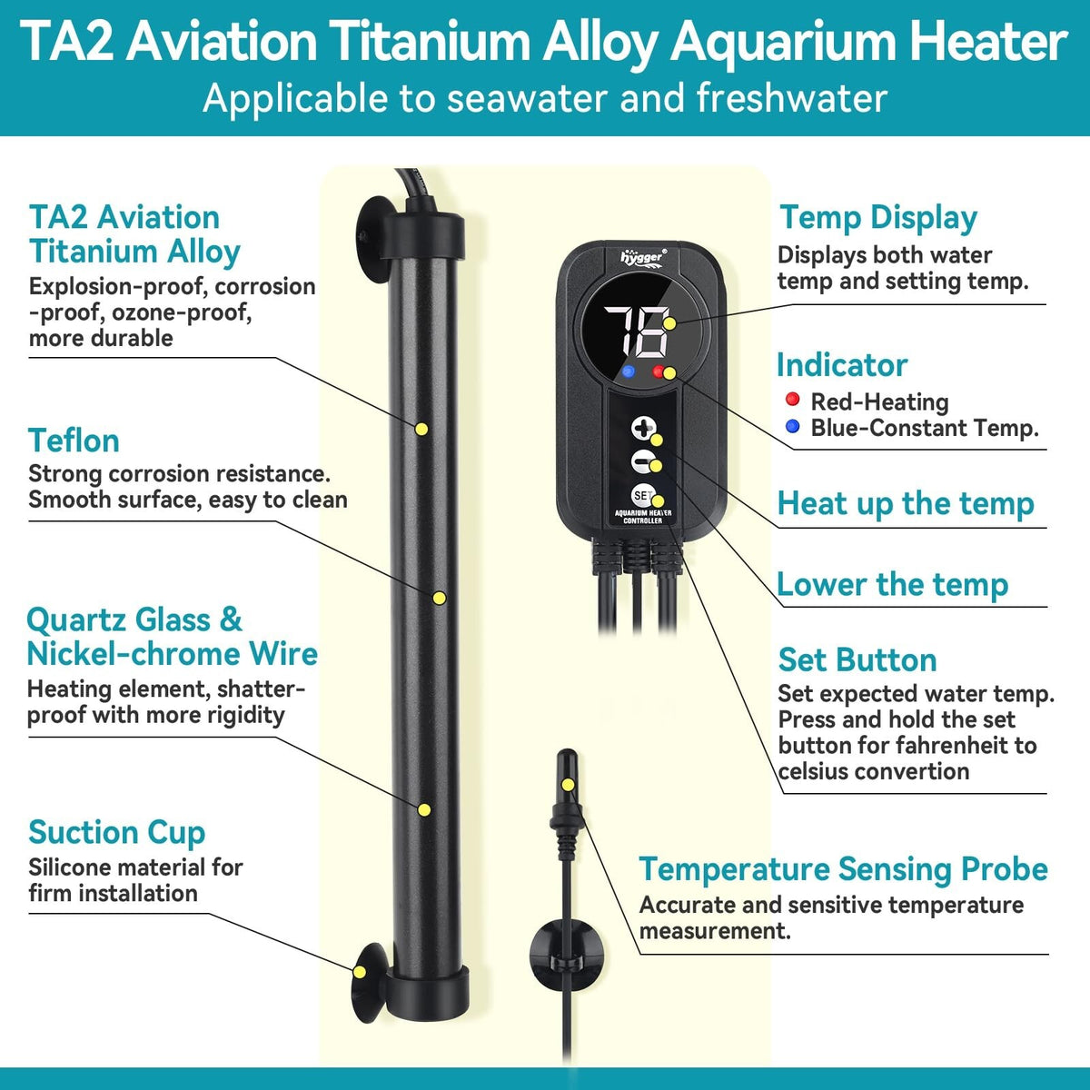 Hygger Marine Aquarium Heater 200W,Titanium Heater with Digital LED Controlle...