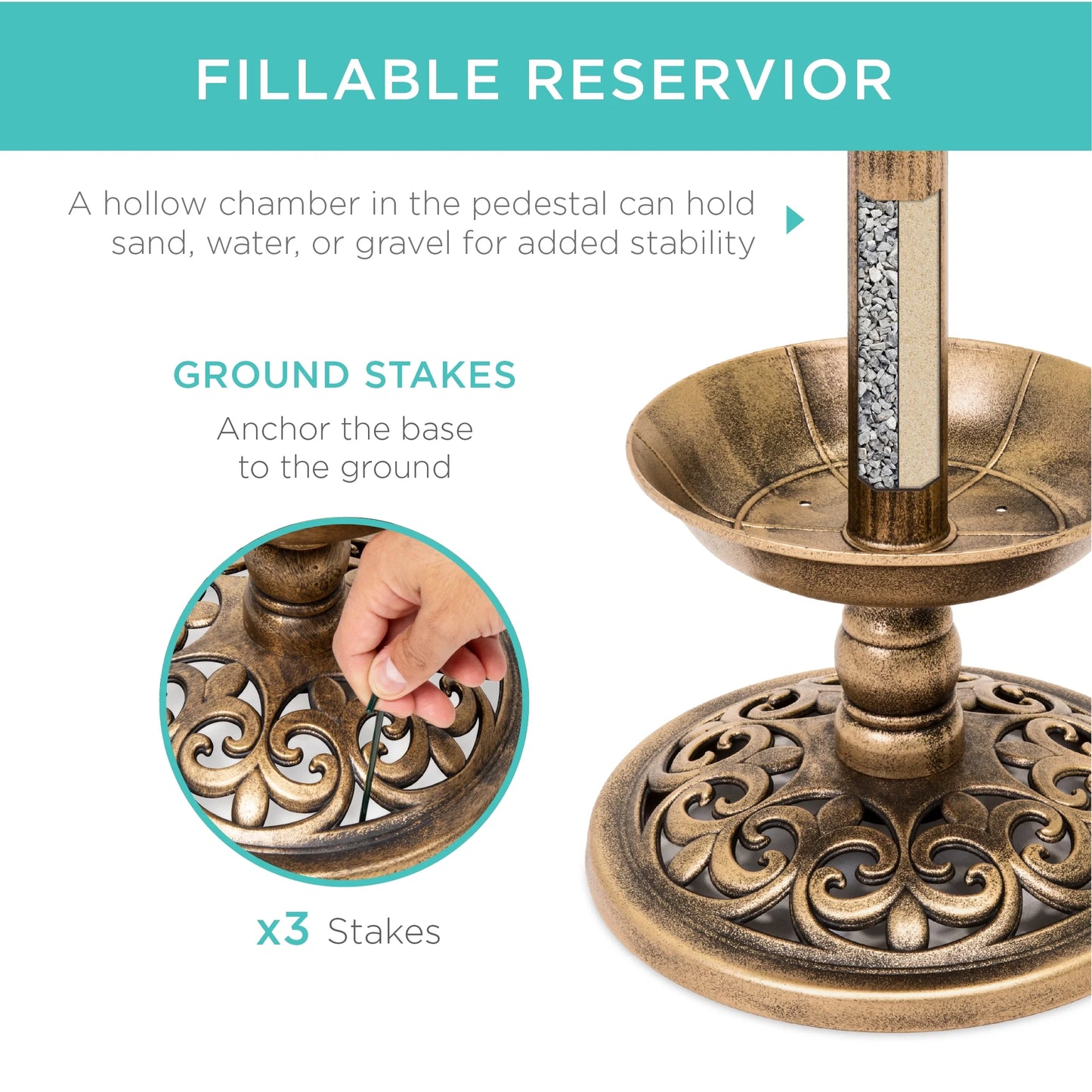 Solar Lighted Pedestal Bird Bath W/ Planter, Integrated Panel - Bronze