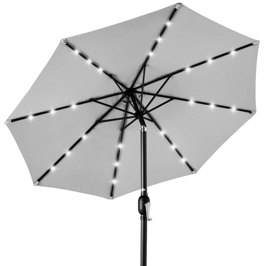 10Ft Solar LED Lighted Patio Umbrella W/ Tilt Adjustment, Uv-Resistant Fabric - Fog Gray
