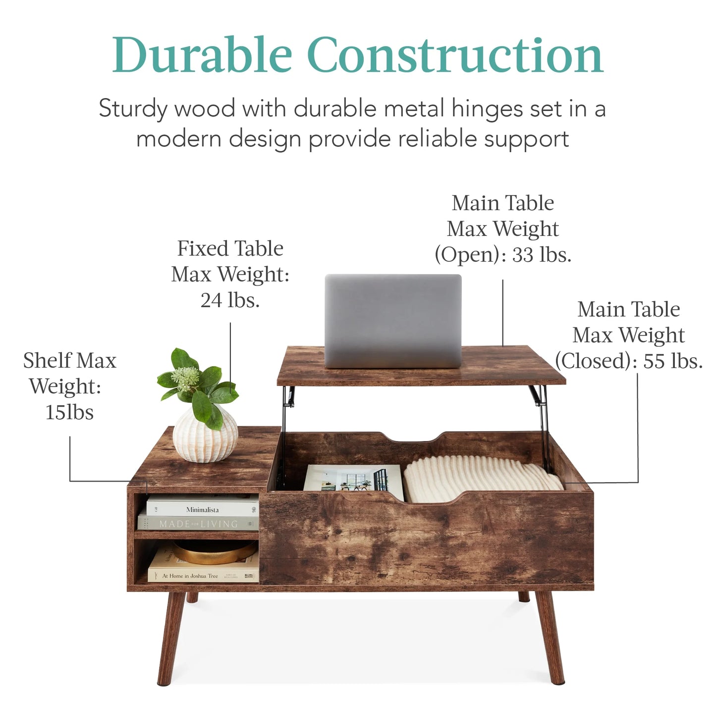 Wooden Mid-Century Modern Lift Top Coffee Table W/ Hidden Storage, Removable Shelf - Brown