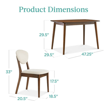 5-Piece Compact Wooden Mid-Century Modern Dining Set W/ 4 Chairs, Padded Seat & Back - Walnut/Cream