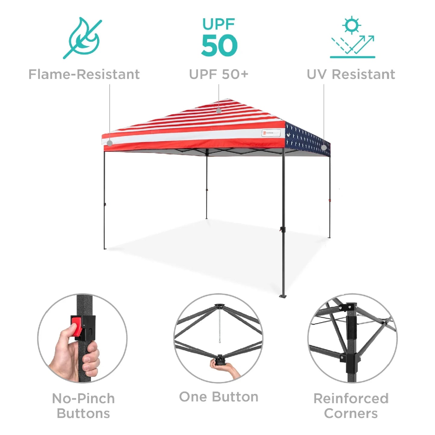 10X10Ft Easy Setup Pop up Canopy W/ 1-Button Setup, Wheeled Case, 4 Weight Bags - American Flag