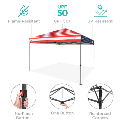 10X10Ft Easy Setup Pop up Canopy W/ 1-Button Setup, Wheeled Case, 4 Weight Bags - American Flag