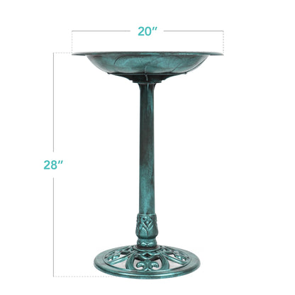 Outdoor Rustic Pedestal Bird Bath Accent for Garden, Yard W/ Fleur-De-Lis Accents - Green