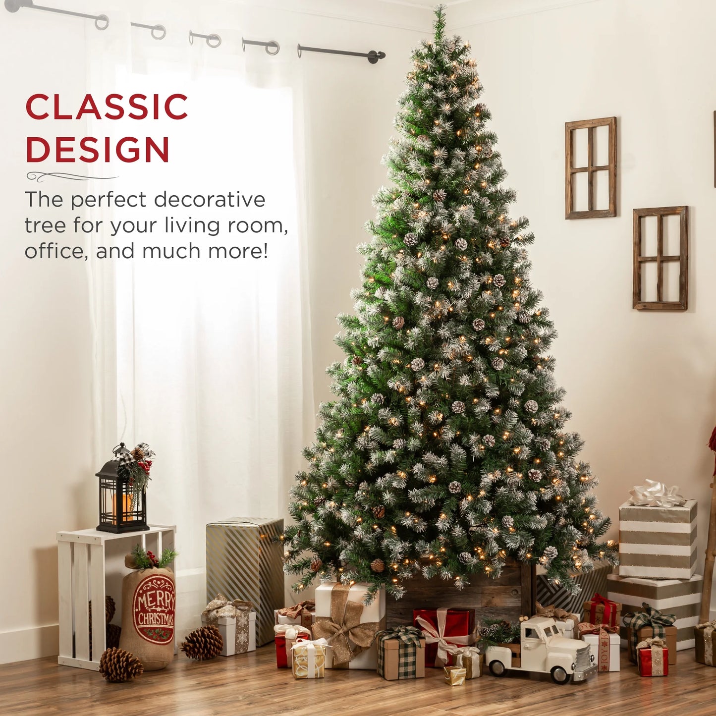 12Ft Pre-Decorated Holiday Christmas Pine Tree W/4,188 Branch Tips, Partially Flocked, Base Green