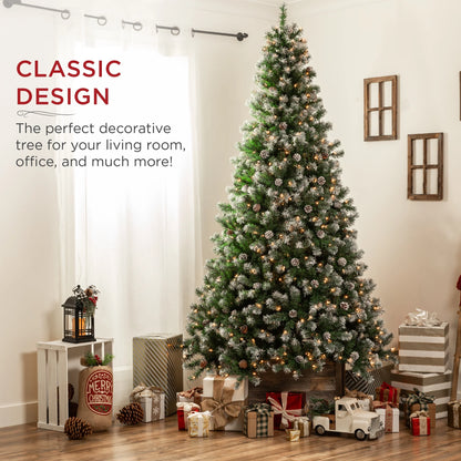 12Ft Pre-Decorated Holiday Christmas Pine Tree W/4,188 Branch Tips, Partially Flocked, Base Green