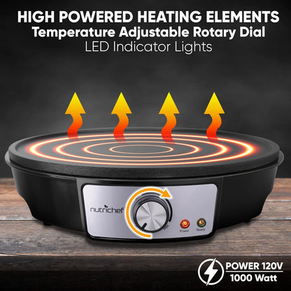 Electric Crepe Maker Pan & Griddle | 12 Inch Nonstick Cooktop | LED Indicators & Adjustable Temperature Control | Includes Spatula, Batter Spreader | Cooks Crepes, Roti & Pancakes