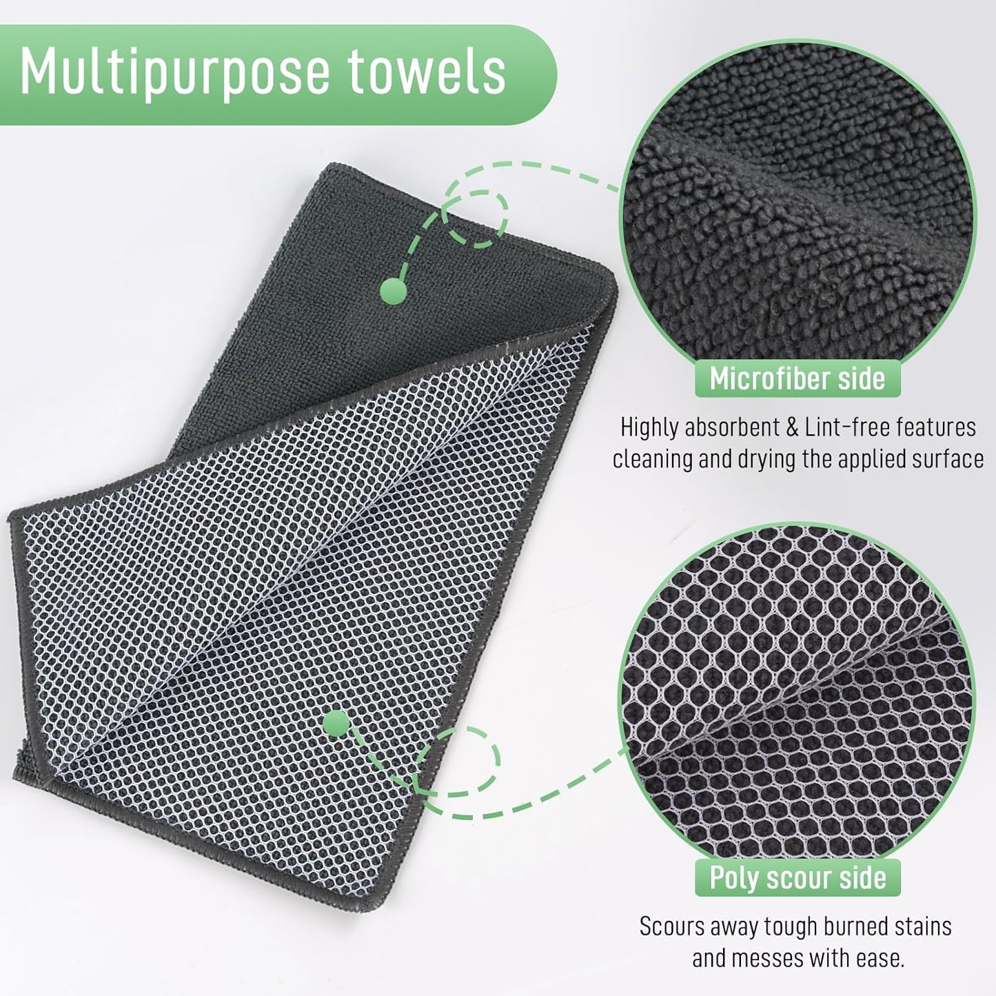 Microfiber Dish Cloths Wash Clothes for Kitchen Best Kitchen Cloths Cleaning Cloth Poly Scour Side 12"X12" (10Pack, Dark Grey)